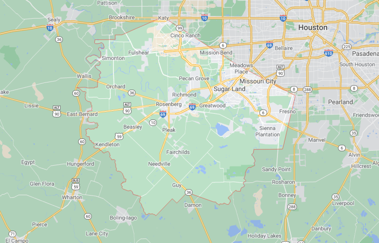 Map of Houston highlighting fort bend county